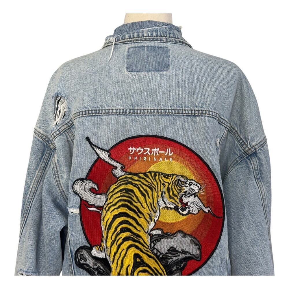 Japanese TIGER Sunset Retro Distressed Denim Jacket Oversized Distressed Sz SP - Picture 10 of 13